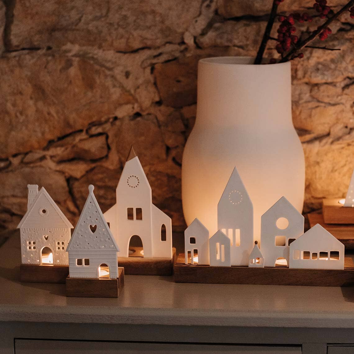 Rader Porcelain & Acacia Village Tealight Holder Set of 4 - Image 2