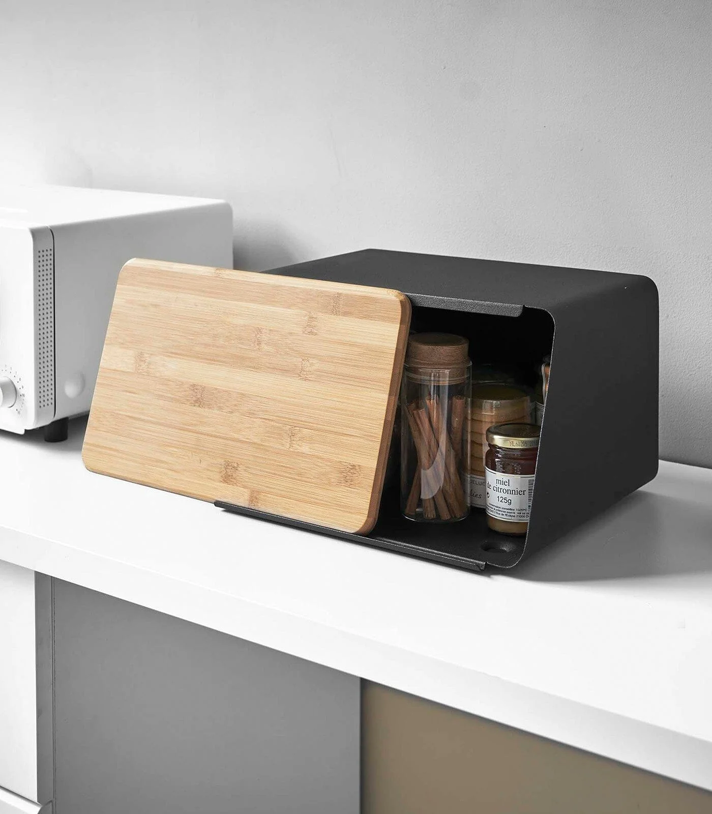 Yamazaki Steel Bread Box With Wooden Cutting Board Lid - Image 10