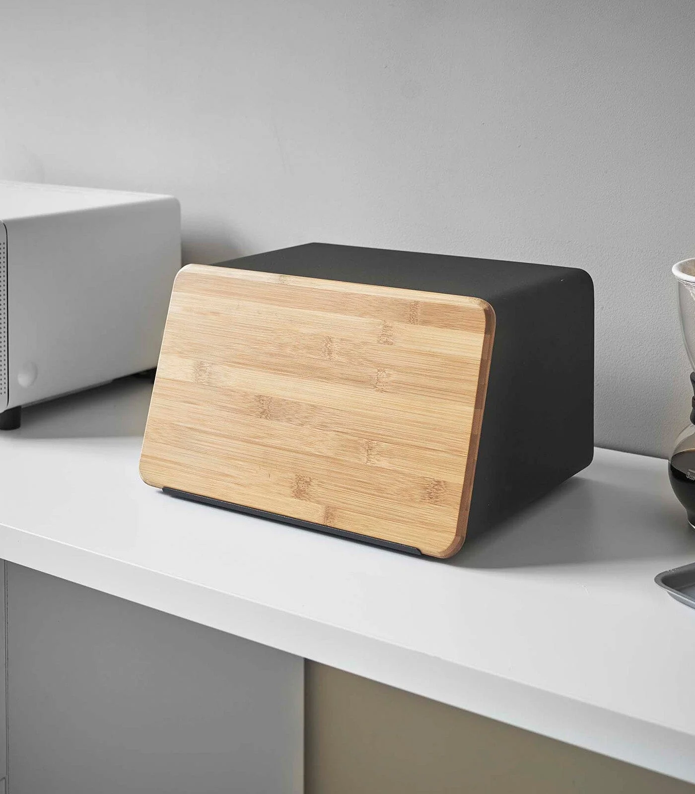 Yamazaki Steel Bread Box With Wooden Cutting Board Lid - Image 11