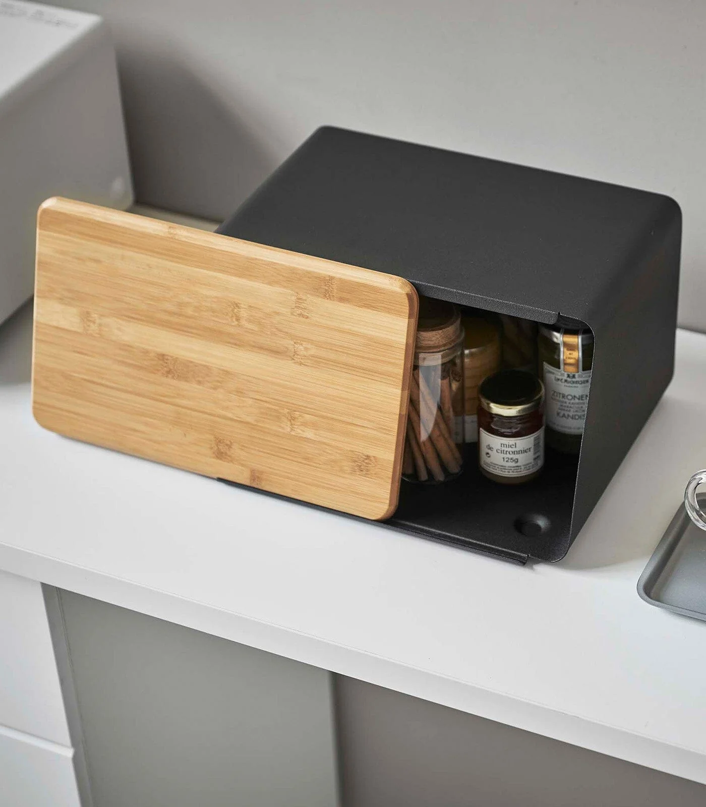 Yamazaki Steel Bread Box With Wooden Cutting Board Lid - Image 12