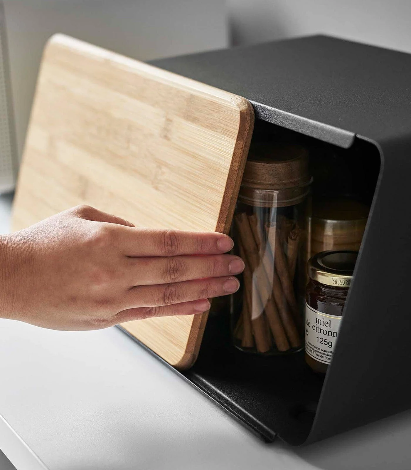 Yamazaki Steel Bread Box With Wooden Cutting Board Lid - Image 13