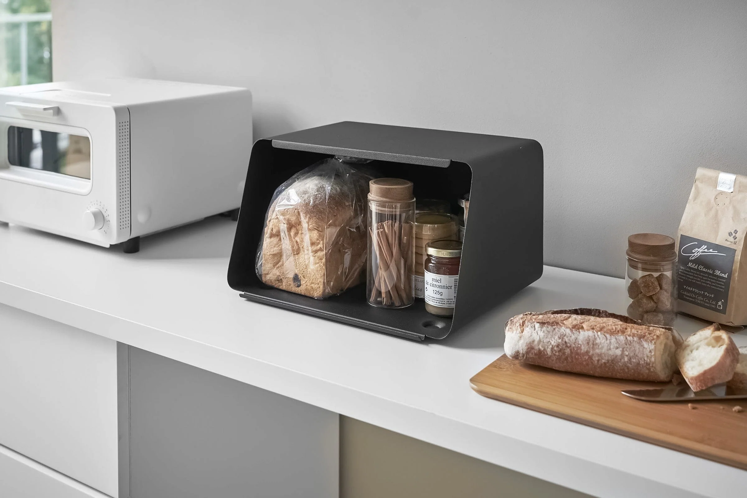 Yamazaki Steel Bread Box With Wooden Cutting Board Lid - Image 14
