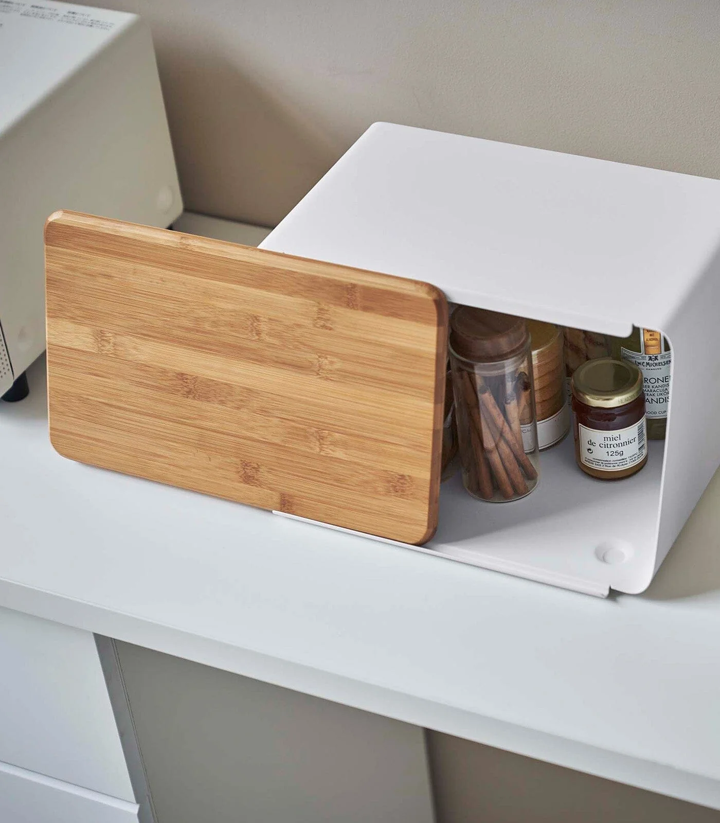 Yamazaki Steel Bread Box With Wooden Cutting Board Lid - Image 4