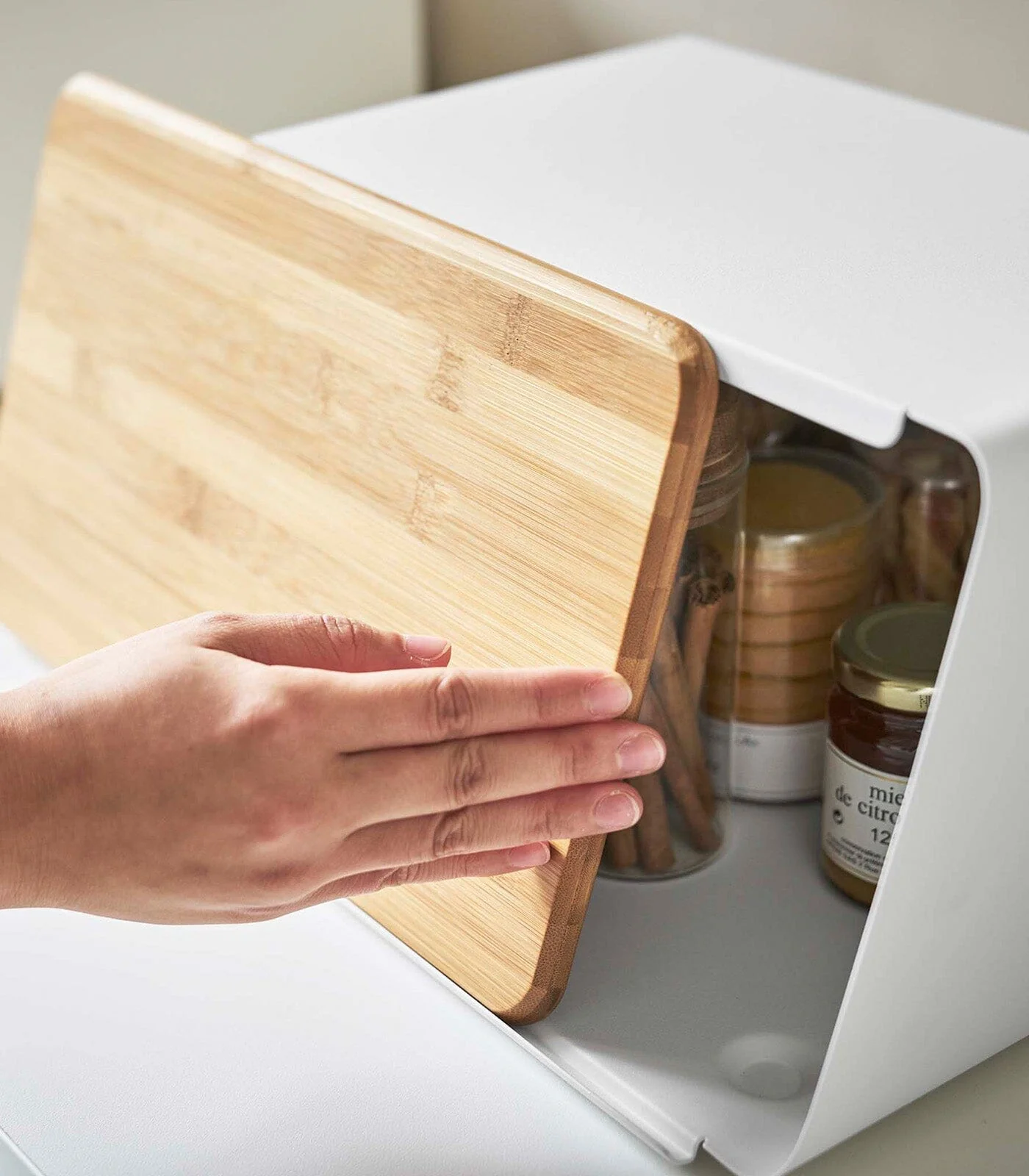 Yamazaki Steel Bread Box With Wooden Cutting Board Lid - Image 5