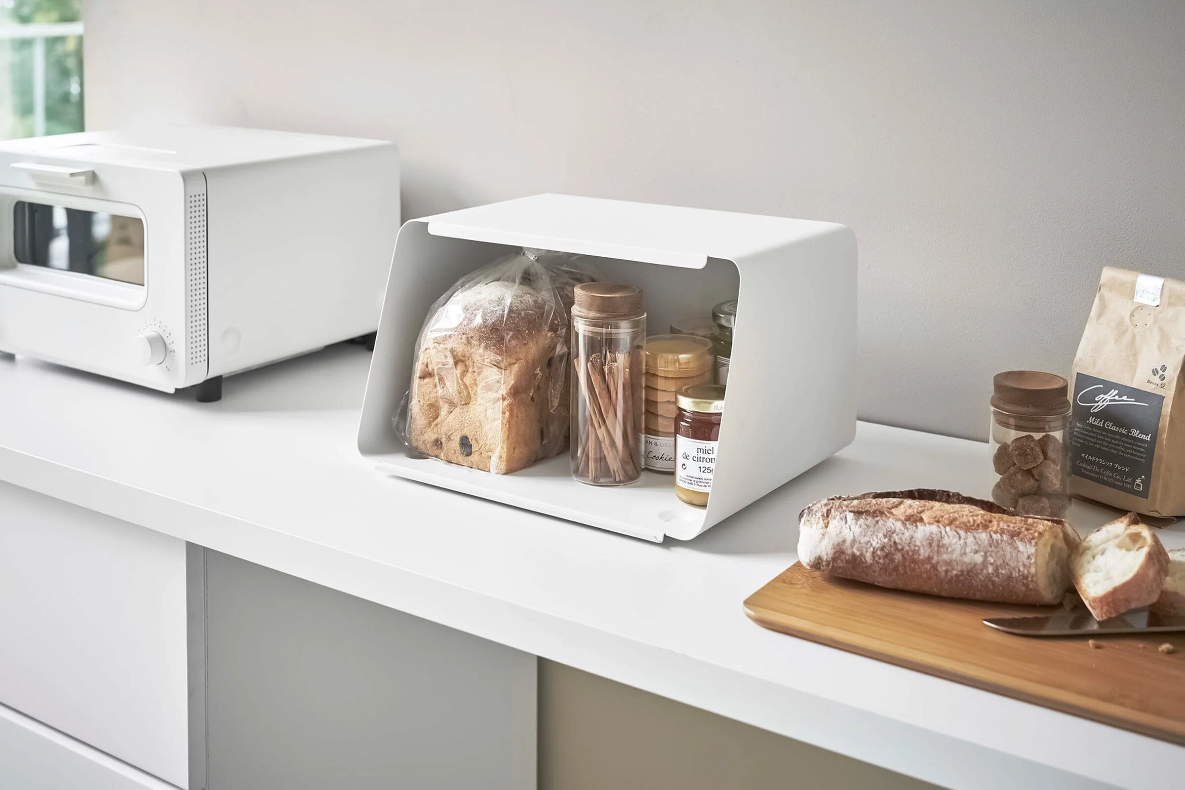 Yamazaki Steel Bread Box With Wooden Cutting Board Lid - Image 6