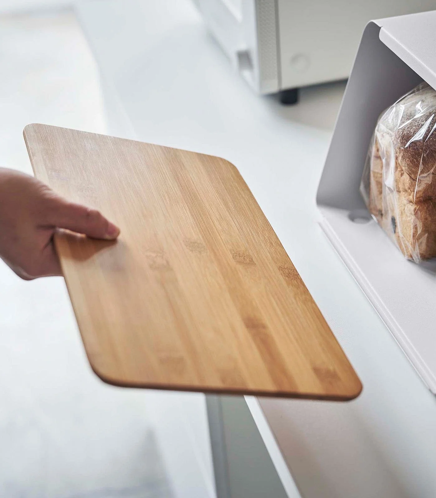 Yamazaki Steel Bread Box With Wooden Cutting Board Lid - Image 7